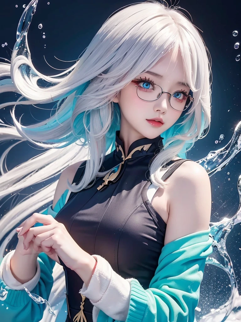 (masterpiece, best quality, high resolution), anime style, White background, acrylic paint, ((splash of color, splash ink, splash of color)), Sweet Chinese girl, Long Grayish blue hair, [Grayish blue|green] hair, Light blue eyes，Red Half-rimmed Glasses，Curly hair, flash, Peach lips, White shirt, front, Upper body