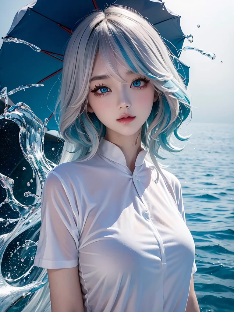 (masterpiece, best quality, high resolution), anime style, White background, acrylic paint, ((splash of color, splash ink, splash of color)), Sweet Chinese girl, Long Grayish blue hair, [Grayish blue|green] hair, Light blue eyes，Red Half-rimmed Glasses，Curly hair, flash, Peach lips, White shirt, front, Upper body