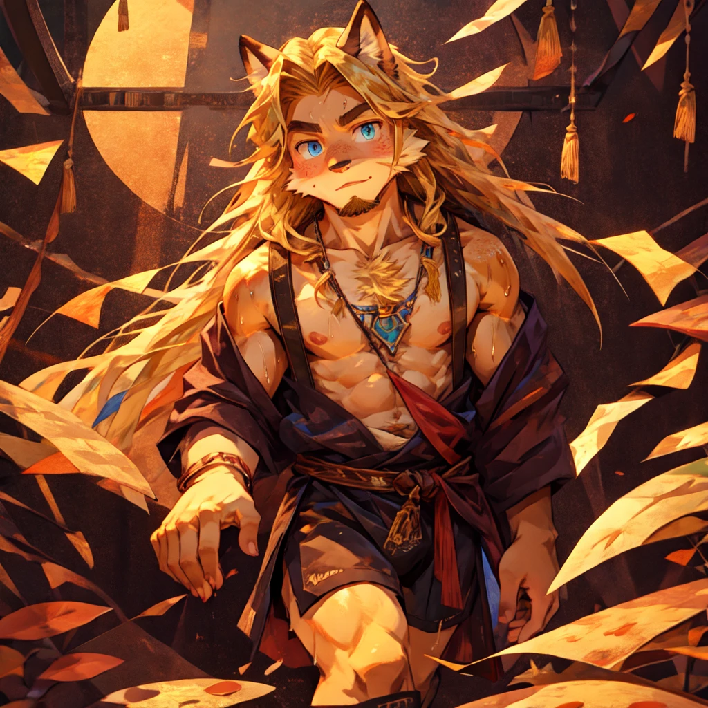 (masterpiece, Best quality:1.2), 3 fox boys, in speedos, body covered in black fur, Furry style,very muscular wild ,full height,veiny muscles, very long blond hair,freckles on the body and face,blue eyes,defined muscles,wet body from sweat,sharp focus, young , friendly 