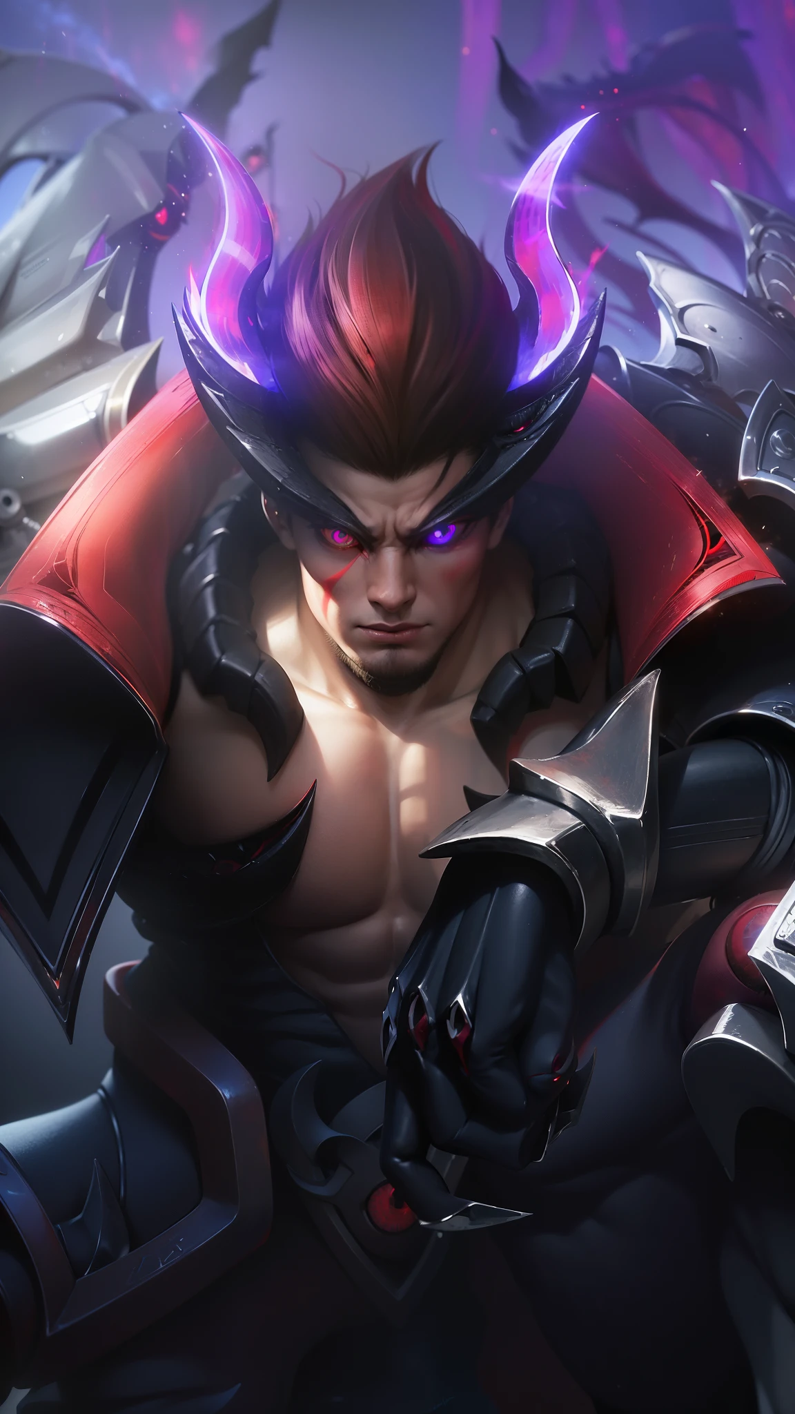 Muscle guy, 1 guy, 8k, ultra hd, ultra detailed texture, hyper realistic, masterpiece, detailed texture, detailed face, detailed skin, detailed lighting, (photorealistic:1.5), best quality, beautiful lighting, cinematic lighting, professional lighting, ultra highres, realistic, detailed hair, real hair, high quality, (realskin:1.5), extremely detailed, finely detail, ultra-detailed, standing, demon horns, forehead protector, (red eyes:2.2), v-shapped eyebrow, black armor, depth of field, looking aways