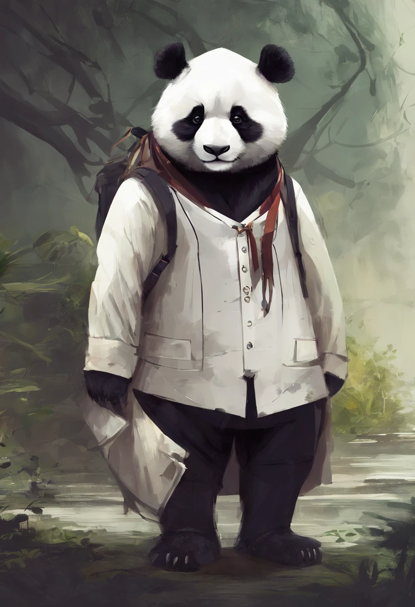 anthropomorphic panda, de cuerpo entero, vestido formalmente con un blazer, sostiene una bandeja, pegatina de panda, sticker de panda.