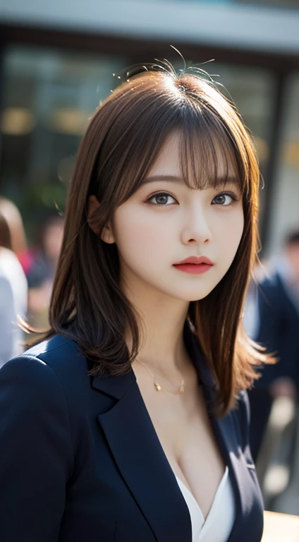 table top, highest quality, figure, super detailed, finely, High resolution, 8k wallpaper, Perfect dynamic composition, beautiful and fine eyes, natural lip,blazer ,, cleavage, whole body