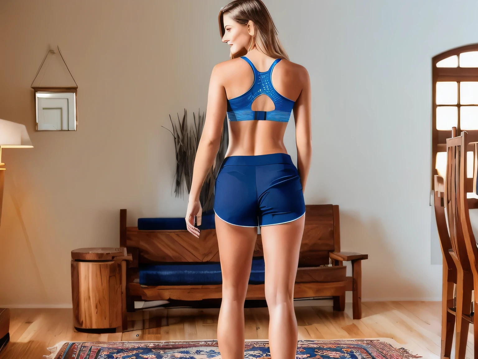 there is a woman standing on a rug in a living room, sport bra and dark blue shorts, sport bra and shorts, long shot from the back, long shot from back, back - shot, from back, back pose, back shot, seen from the back, back arched, hunched shoulders, backview, skinny female artist back view, from the back