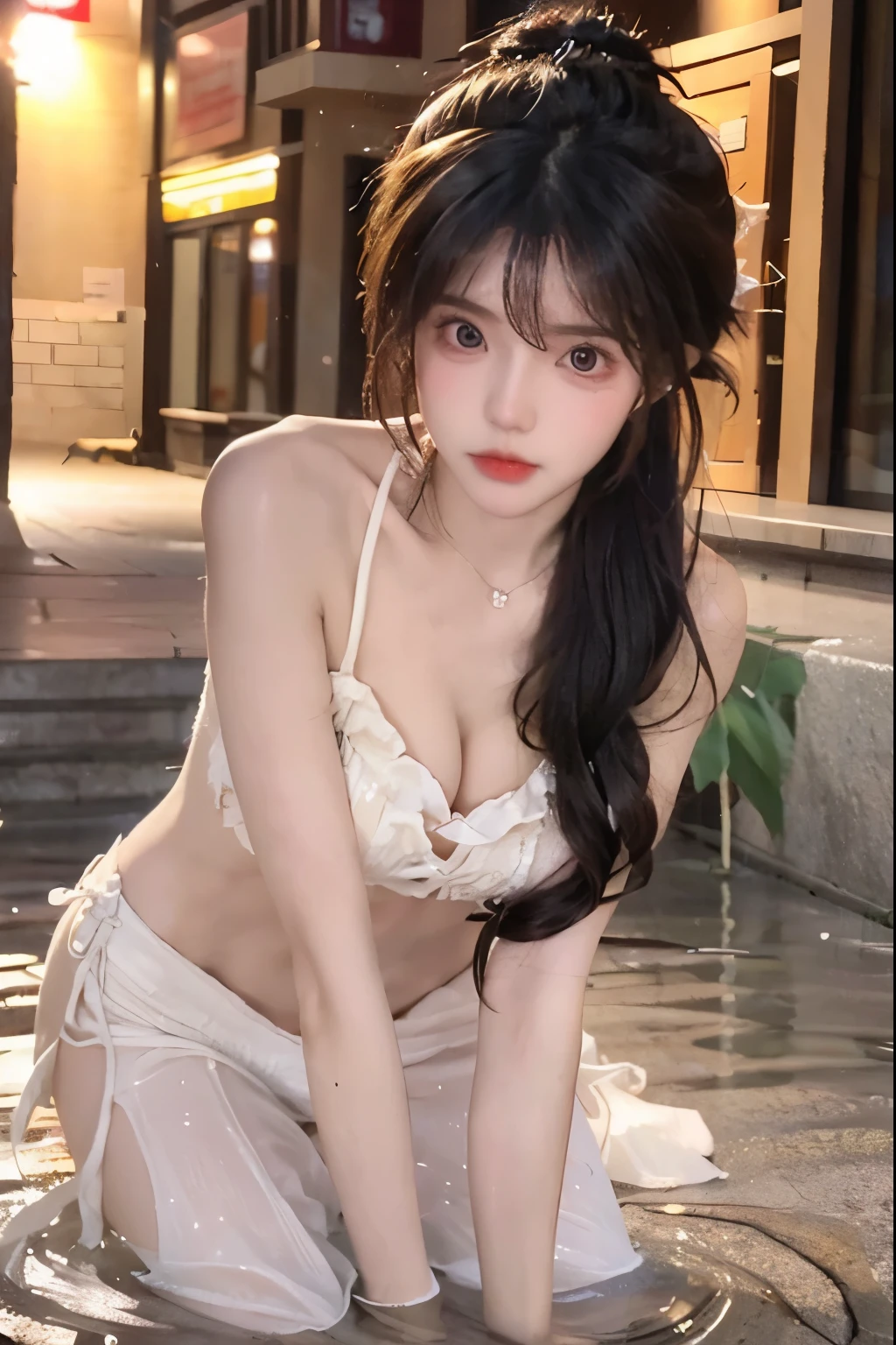 Beautiful woman with perfect body：1.4，Layered Hairstyle，Prominent cleavage：1.5，Highly detailed face and skin textures，Double eyelids，Skin Whitening，Long hair，Whitened long legs，Female university student，(wet hair:1.2)