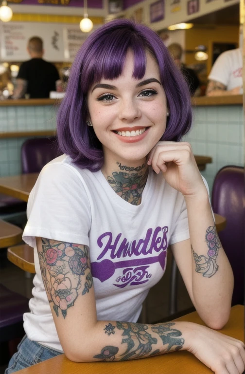 street photography photo of a young woman with purple hair, smile, happy, cute t-shirt, tattoos on her arms, sitting in a 50s diner