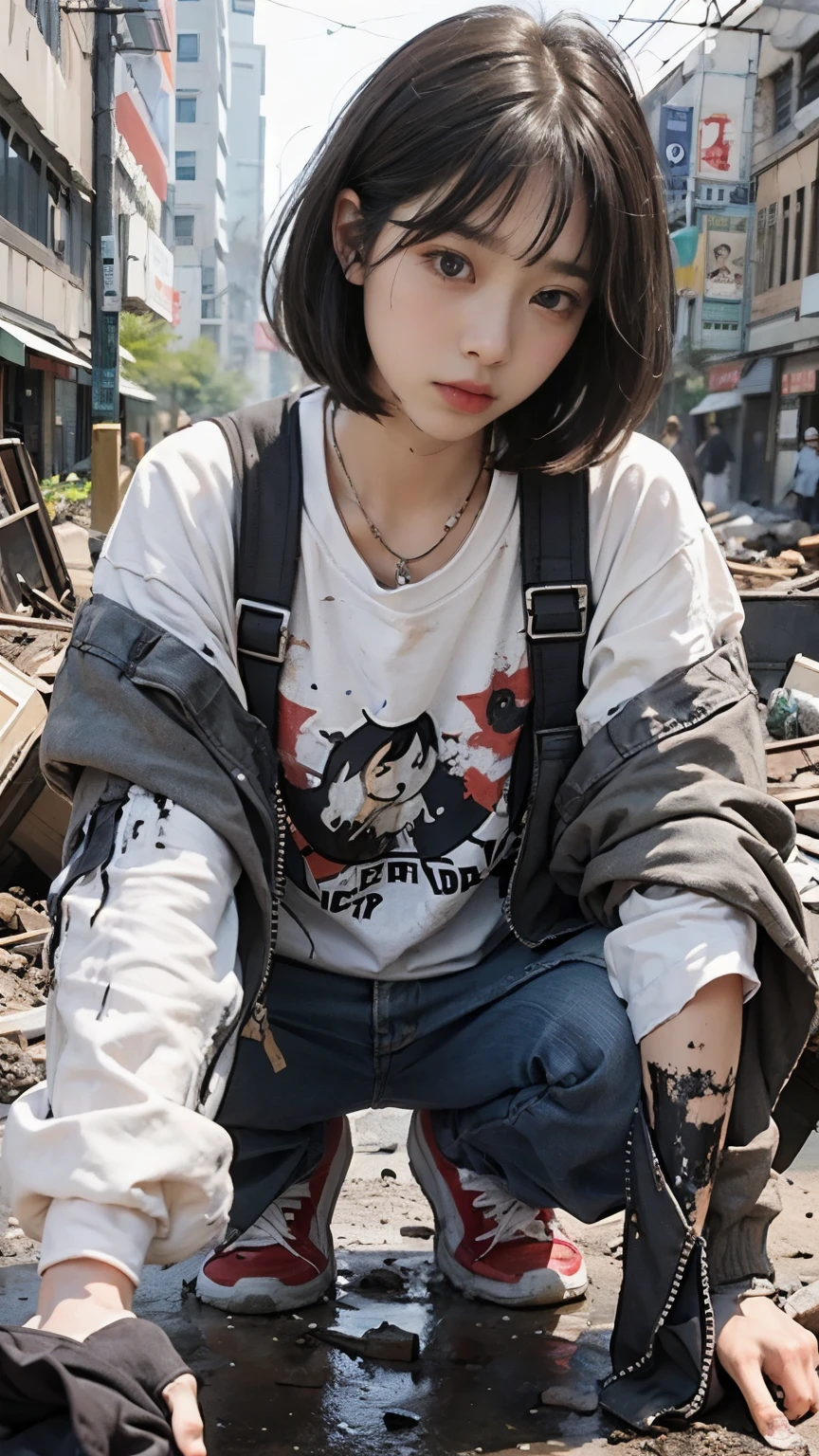 Bobcut,((Begging in the downtown area)),23 years old,(((Homeless))),Bad complexion,It smells bad,Crouching,Full of trash,Korean women,Pitch black,Tattered clothes,((( in a destroyed city,Oil,Mud stains,shit,dirty))),(((Frowning,カメラをGlaring))),((((Rubble pile))),After the disaster,Very fine eye, (((He&#39;s wearing a tattered and dirty black hoodie.,Wearing ripped pants))),(((Collapsing Building))),(((Tragic))),((photograph)),(((Fabric Shading))), (((highest quality))), (((masterpiece))) strong girl, ((((Realistic)))),,Black Hair, chic hairstyle, ((With bangs,ストレートミディアムBobcut, nice hair)), Light makeup,Red eyes, (((I&#39;m not wearing lipstick))), (nice, strong), (((Strong night atmosphere))), Centered Images, Looking at the camera, Elegant colors,Realistic Skin,Realistic texture,８k,whole body,Pale skin,Red iris,Expressionless,Glaring,Perfect Face,(((Big eyes))),Holding a blank board