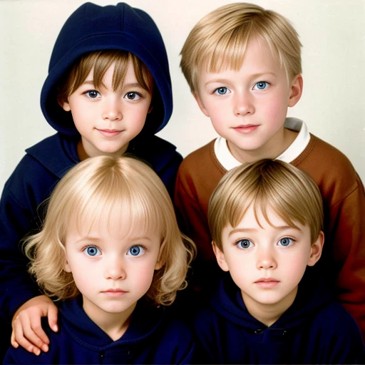 color photo of a group of 20 blonde Abramowicz children with dark blue eyes, wearing sweatshirts. in focus image character face with color