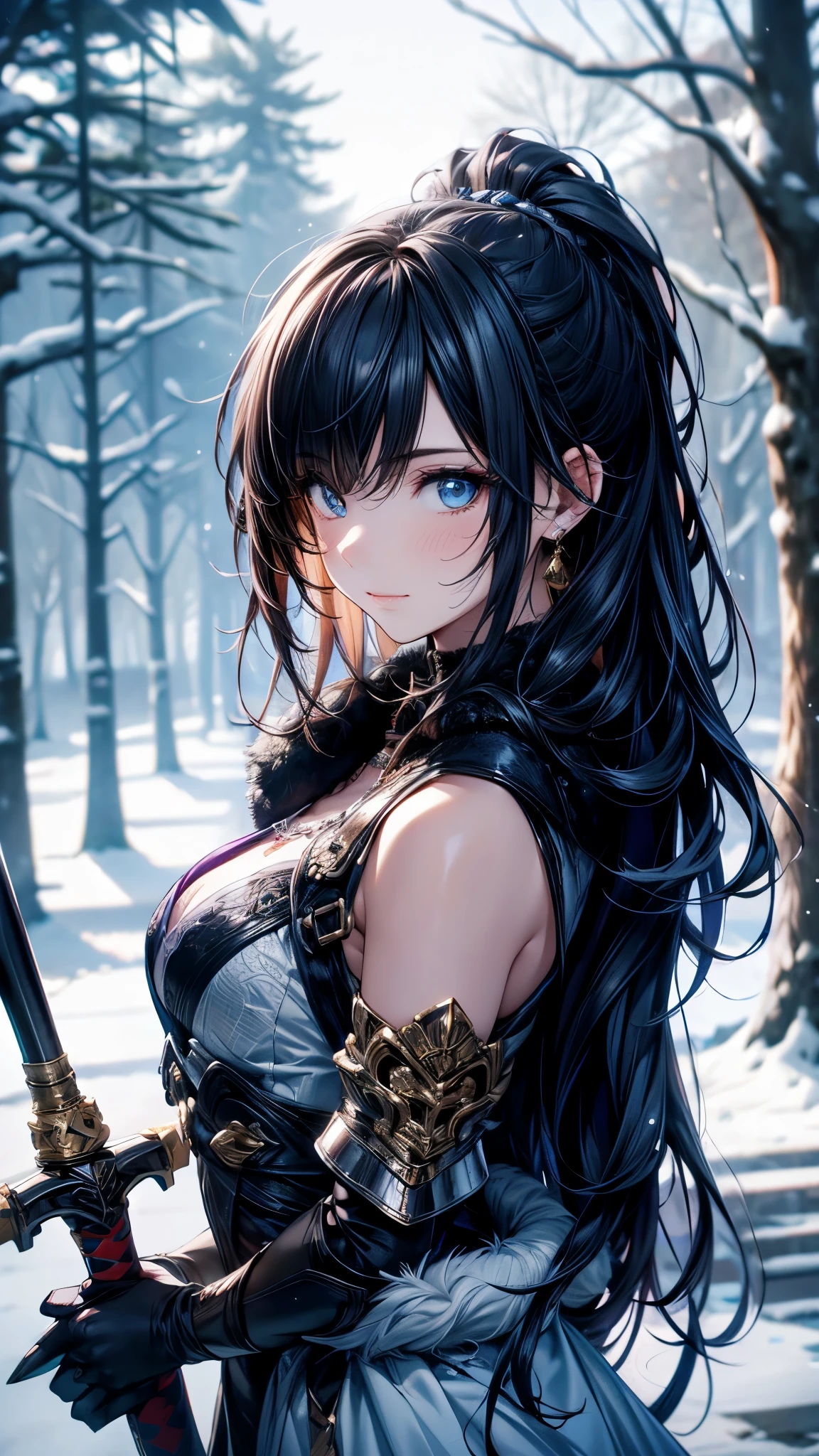 (best quality,4k,highres),(realistic,physically-based rendering),a girl,armor:simple,winter,fur,holding a sword,serious expression,vivid colors,portrait,sharp focus,studio lighting,detail of the eyes,metal texture,cold environment,forest background,falling snow,smoke effect