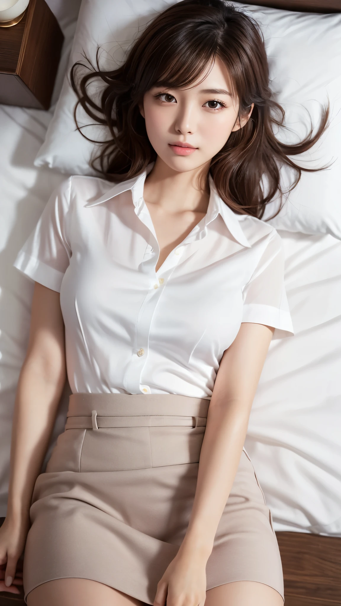 OL, office lady, Businesswoman, career woman, (Lie on your back on the bed:1.3), (Hold one arm over your chest:1.3), Open your eyes:1.3、カメラをSideways glanceで見る:1.1、(Wearing a white business shirt:1.5) Taking a break in a black pencil skirt, High heels, Luxury Bedroom, (Lie on your back:1.2), On the bed, Bend your knees:1.2、(blush:1.3), shy:1.3, (Strong embarrassment:1.3), (Wide Shot:1.5), whole body, (Perfect hands足:1.5), Perfect Arms:1.6, Perfect hands:1.6, Perfect Legs:1.5, Thin legs、Beautiful feet、Shot from directly above:1.2 Break shot from above:1.3, Sideways glance, Tilt your head, View your viewers, whole body, (masterpiece:1.3, Very detailed:1.3), (Professional portrait, Realistic and perfectly shaped subjects:1.3), (masterpiece, highest quality:1.2), (Realistic, Ultra-realistic, Realistic:1.3), RAW Photos:1.3, Ultra-high resolution, Intricate details, Super detailed, (unity 8k wallpaper:1.3), Clear image, Professional Lighting BREAK 1 Japanese Girl, 18-year-old, (cute, cute), Perfect Anatomy:1.3,  Correct limbs:1.3, Beautiful and delicate face down to the last detail:1.2, (Beautiful and delicate eye and eye highlights:1.3), Captivating eyes, Beautifully detailed blown marks, Detailed painted face:1.2, light makeup, Lip gloss:1.1, Stylish face, Shiny skin:1.2, Realistic skin detail,:1.3, (Brown Hair:1.2), Very short hair break

