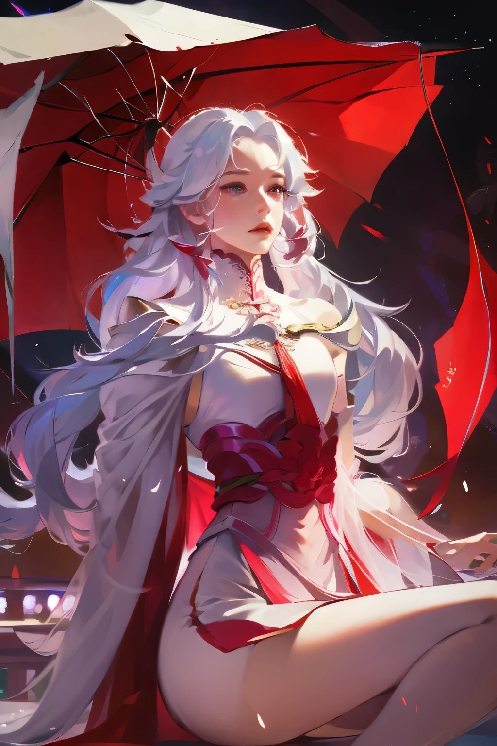 masterpiece, best quality, Extremely detailed, Movie Lightning, Intricate details, high resolution, official art, Delicate and beautiful face and eyes, high resolution插图, 8k, Depth of Field, Bokeh, Solitary, 1 Girl, Girl with white hair and red eyes, Long white hair, Beautiful red eyes, Beautiful scenery, rainy city, Upper Body, Looking at the audience, close up