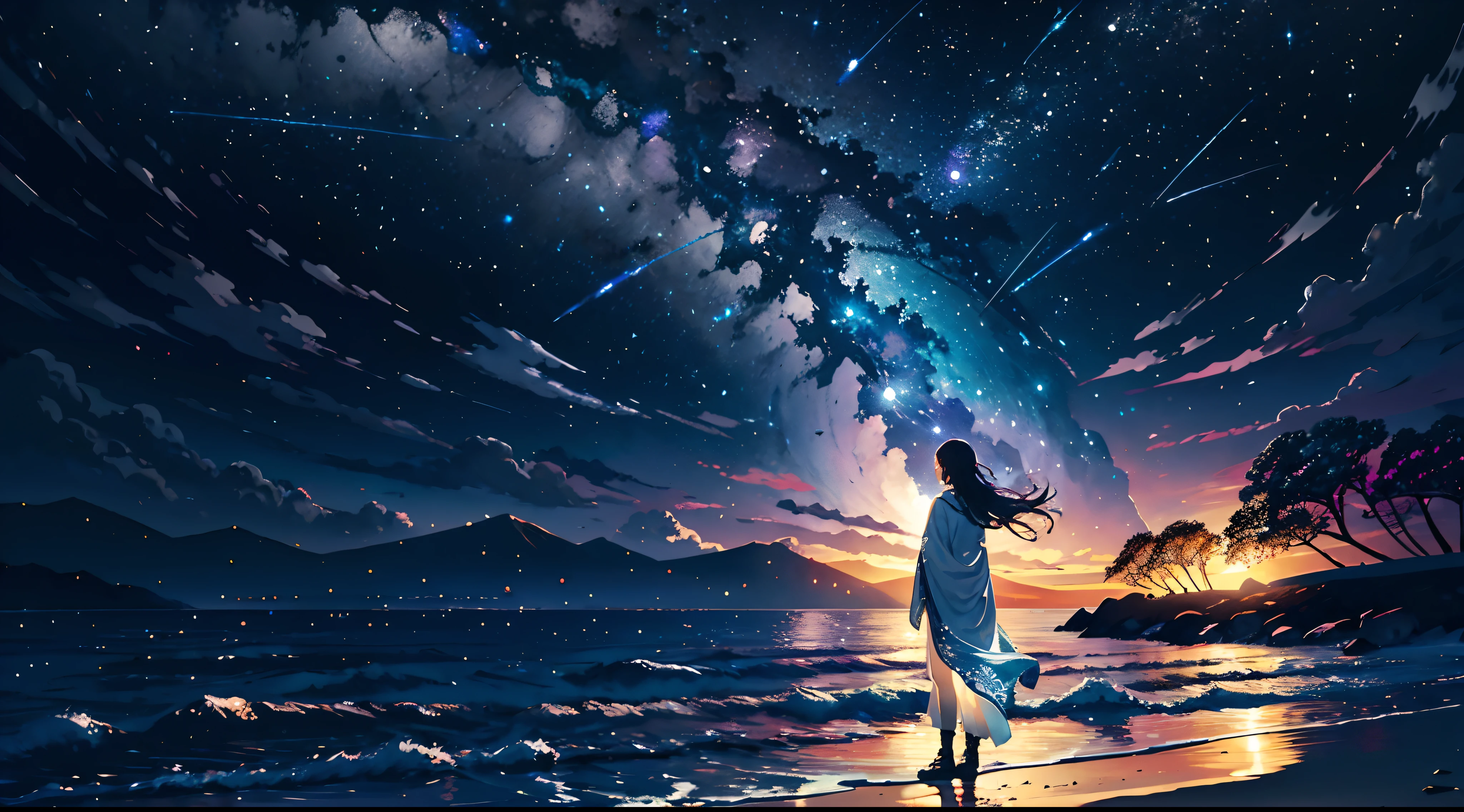 Vast landscape photos、(View from below with the sky and the sea below)、Shot from behind a girl standing on the beach and looking up、(fullmoon:1.2)、(shooting stars:0.9)、(nebulas:1.3)、Distant islands、Tree Break Production Art、(Warm color light source:1.2)、(fireflys:1.2)、abajour、blue and white、intricate detailes、Volume Lighting BREAK (masterpiece:1.2)、(top-quality)、4K、ultra-detailliert、(The composition of the movement:1.4)、Highly detailed and colorful details(Irridescent color:1.2)、(Glowing lighting、Atmospheric illumination)、dream-like、Magical、(solo:1.2)