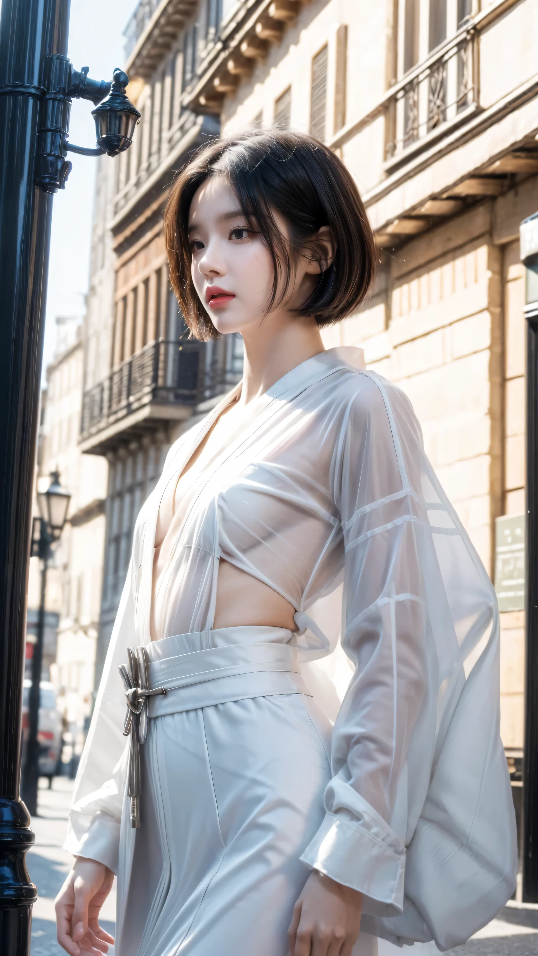 (top quality, 16K, masterpiece: 1.3)), 1 girl, Clear focus: 1.2, Beautiful woman with perfect body: 1.4, Slim abdominal muscles: 1.2, (((short bob hair)), ((small: 1.4)), ((beautiful face idol: 1.3)), (Transparent fabric kimono 1.5)), Highly detailed face and skin texture, Delicate eyes, Double eyelids, (((pause)), (Tempting)), walk, Paris Cityscape, Low Angle, Shot from below