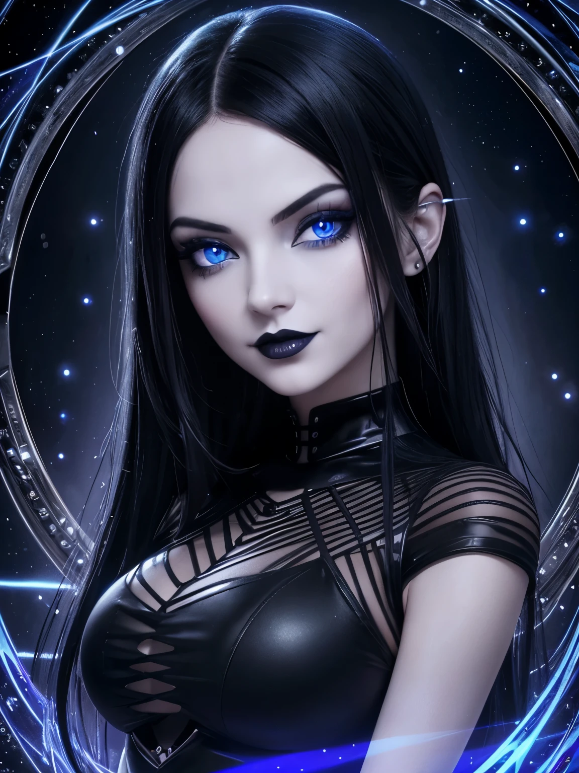 Portrait, beautifully evil goth model with black hair, wearing a tight black dress, staring deep into your eyes with her mesmerizing blue eyes, seductively flirting with you, hourglass figure, symmetrical figure, highly detailed face, beautiful face, lush lips, wearing black lipstick, smiling, alluring, stunning digital illustration, 8k cosmic elements and ethereal atmosphere
