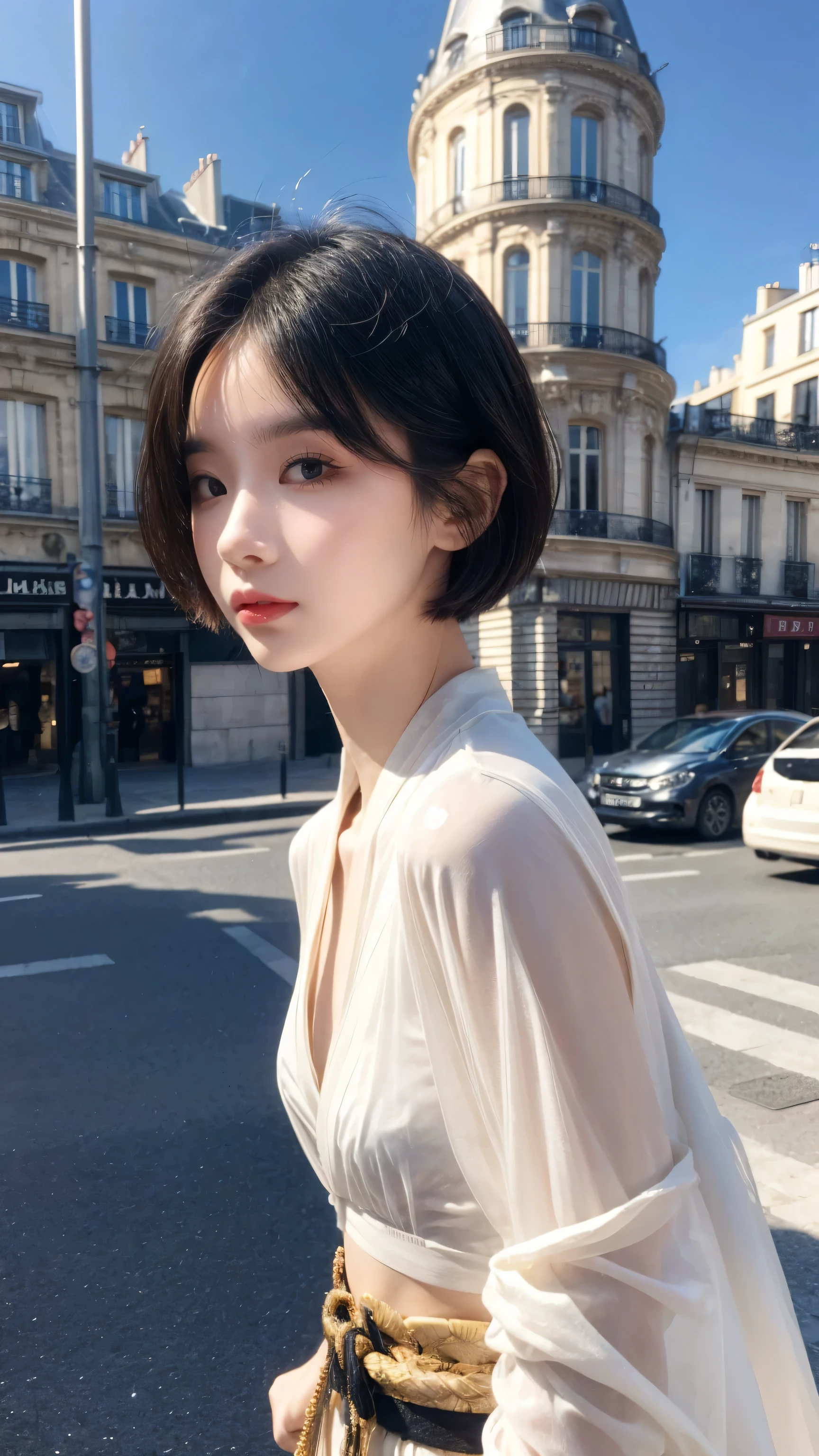 (top quality, 16K, masterpiece: 1.3)), 1 girl, Clear focus: 1.2, Beautiful woman with perfect body: 1.4, Slim abdominal muscles: 1.2, (((short bob hair)), ((small: 1.4)), ((beautiful face idol: 1.3)), (Transparent fabric kimono 1.5)), Highly detailed face and skin texture, Delicate eyes, Double eyelids, (((pause)), (Tempting)), walk, Paris Cityscape, Low Angle, Shot from below