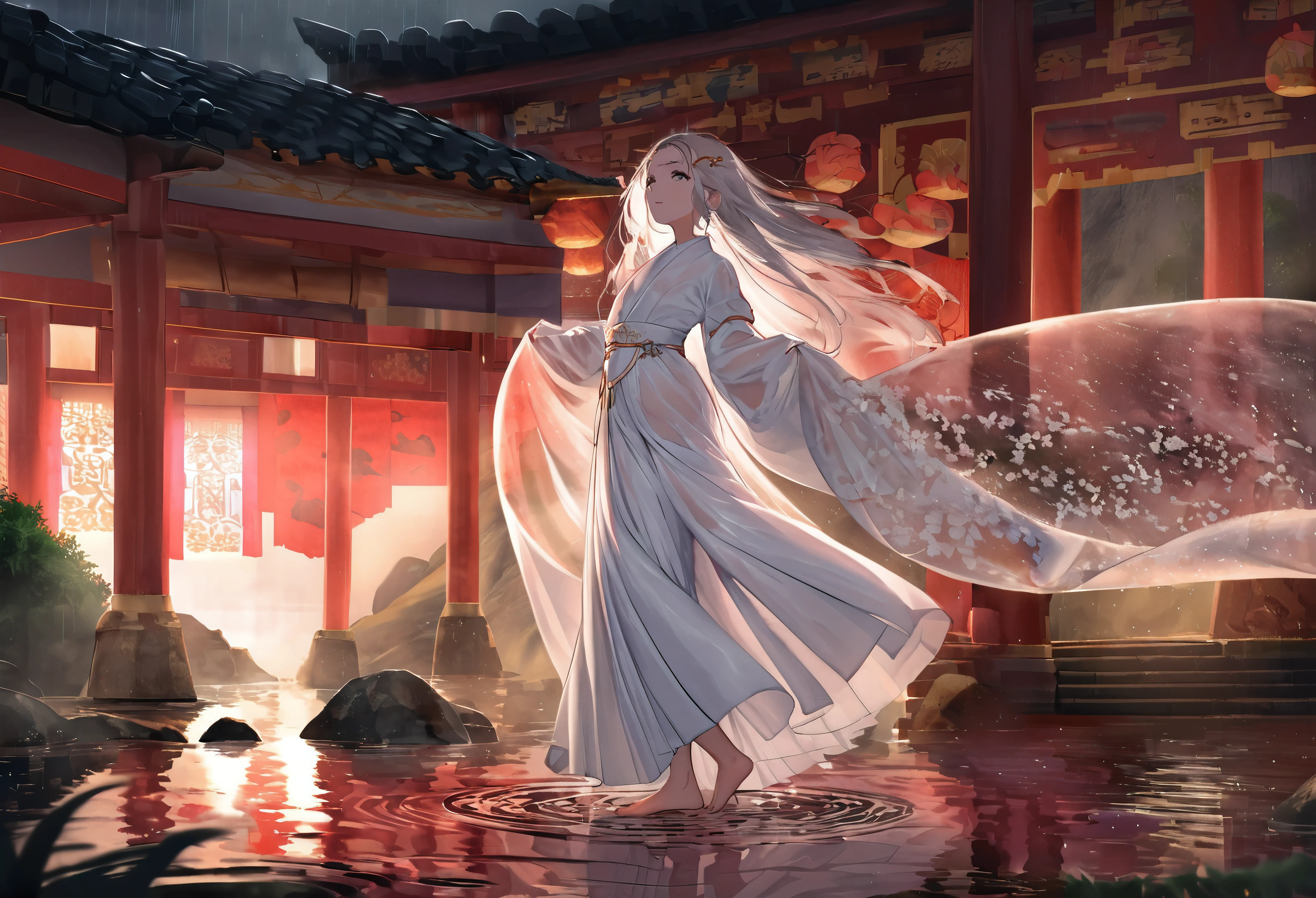 (Dramatic angle), (A very young little girl wearing the sacred attire of a shrine witch performs an ancient divine dance on a cliff near the shrine, and her presence is a resistance to the storm), (wet, wet body, wet hair, wet skin, very wet dress, reflection on the wet dress, delicate blossom embroidery, subtle water droplets:1.15), (water spray:1.1), (best dress wrinkle, Transparent mucus wrapping:1.1), best clothes wrinkle, The scene before us is both fascinating and surreal. Her clothing proves purity and tradition, seemingly transcending the chaos of storms. The white kimono was already soaked and tightly pressed against her body, its fabric becoming almost translucent in the flood, revealing her indomitable spirit inside. Her hakama, a magnificent red tapestry, is now darkened by the weight of rain, accompanied by every elegant step, every wrinkle and crease silently witnessing the solemnity of the night. Despite being affected by the harsh weather, her bare feet still gracefully dance, both unforgettable and beautiful, leaving devout patterns on the damp stones with every subtle movement. Her hair hung down casually and provocatively from behind, occasionally sticking to her cheeks and forehead, giving her an extraordinary and refined temperament. The golden hairpin above her head symbolize the character she admires, shining in the lightning. Their presence silently declares the seriousness of her performance. The divine music dance she performed was a spectacle of dedication and elegance, with silent prayers becoming visible. Her every movement, from the gentle swing of her arms to the precise steps of her bare feet, weaves an invisible tapestry in the air, singing praises to the gods in the midst of the stormy noise.