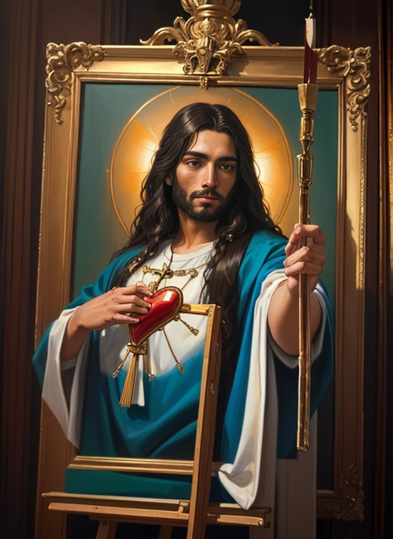 Painting of Jesus holding a sacred heart on an easel in a studio., pintura religiosa, portrait of Jesucristo, arte religioso catolico, Detailed oil on canvas, Oil painting on canvas, Oil gasp on canvas, Jesucristo, obra maestra de arte, detalle agregado, pintado al oleo, [ Oil painting ]!!, Highly detailed oil on canvas