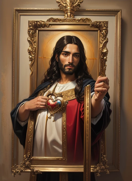 Painting of Jesus holding a sacred heart on an easel in a studio., pintura religiosa, portrait of Jesucristo, arte religioso catolico, Detailed oil on canvas, Oil painting on canvas, Oil gasp on canvas, Jesucristo, obra maestra de arte, detalle agregado, pintado al oleo, [ Oil painting ]!!, Highly detailed oil on canvas