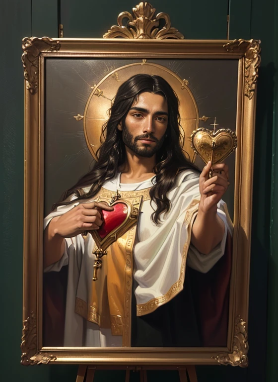 Painting of Jesus holding a sacred heart on an easel in a studio., pintura religiosa, portrait of Jesucristo, arte religioso catolico, Detailed oil on canvas, Oil painting on canvas, Oil gasp on canvas, Jesucristo, obra maestra de arte, detalle agregado, pintado al oleo, [ Oil painting ]!!, Highly detailed oil on canvas