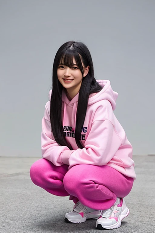 1girl, bangs, black eyes, black hair, jeneral, full body, hood, hood down, hoodie, long hair, long sleeves, looking at viewer, pants, pink hoodie, shoes, smile, sneakers, solo, squatting, v, white background, white footwear,