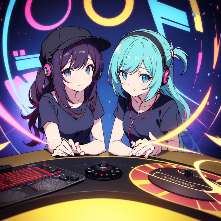 two anime girls in headphones are playing music on a turntable, anime vibes, anime style 4 k, ig studios anime style, nightcore, 8 0 s anime vibe, anime girls, anime style. 8k, lofi artstyle, dj sura, anime moe artstyle, anime style illustration, trending on cgstation, anime style artwork, e - girl