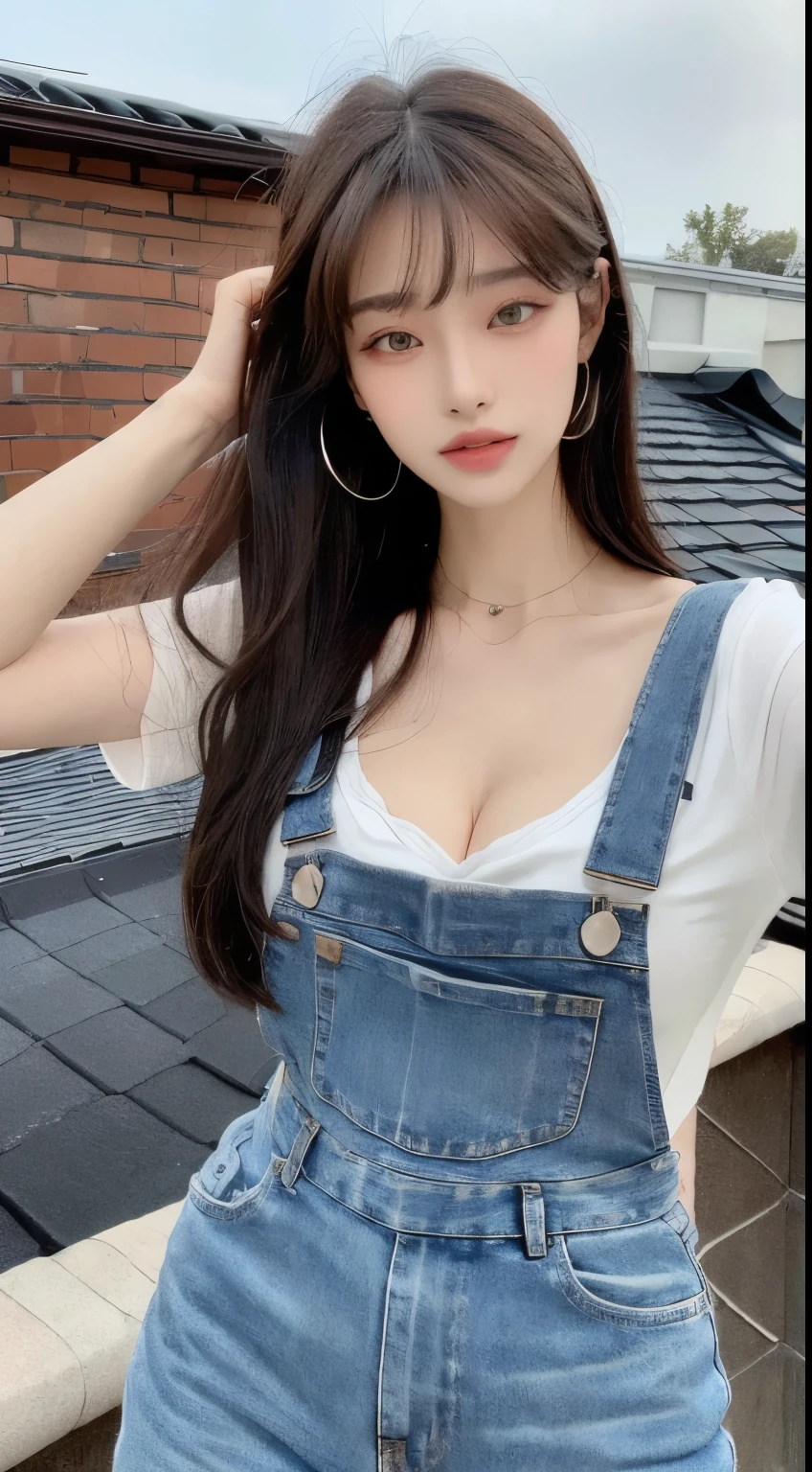 ((midnight, best quality, 8k, masterpiece :1.3)), whole body, Long legs, Clear focus :1.2, Beautiful woman with perfect body :1.4, Slim abdominal muscles :1.1, ((Dark brown hair, Prominent cleavage :1.2)), (White Tight T-shirt, Overalls Jeans, permanent:1.2), ((City night scene, roof:1.3)), Highly detailed face and skin texture, Delicate eyes, double eyelids