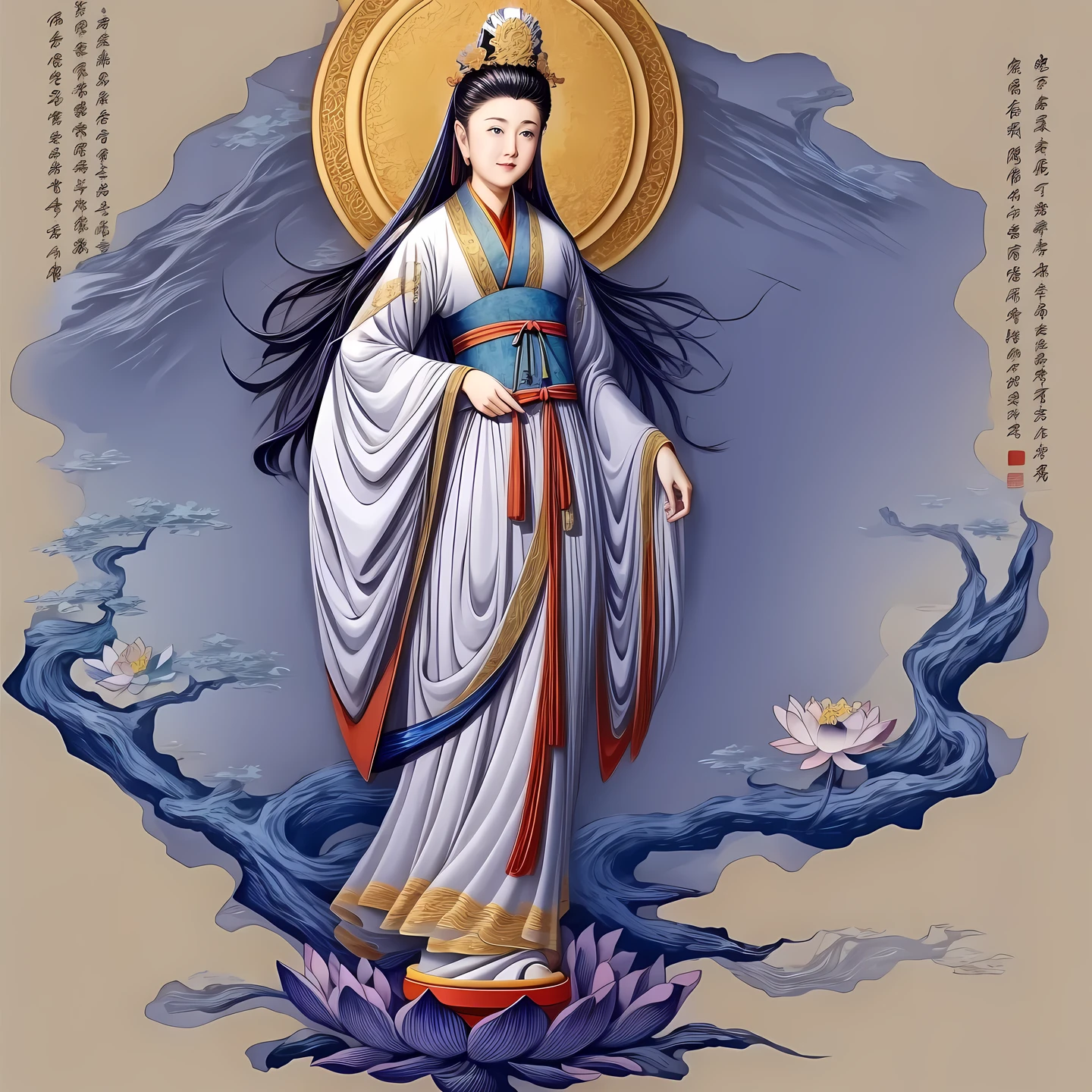 ((best quality)), ((masterpiece)),
((guanyin,1girl)),(lotus, flower),hanfu,dress,chinese clothes,(chinese text,  text focus,wall of text),