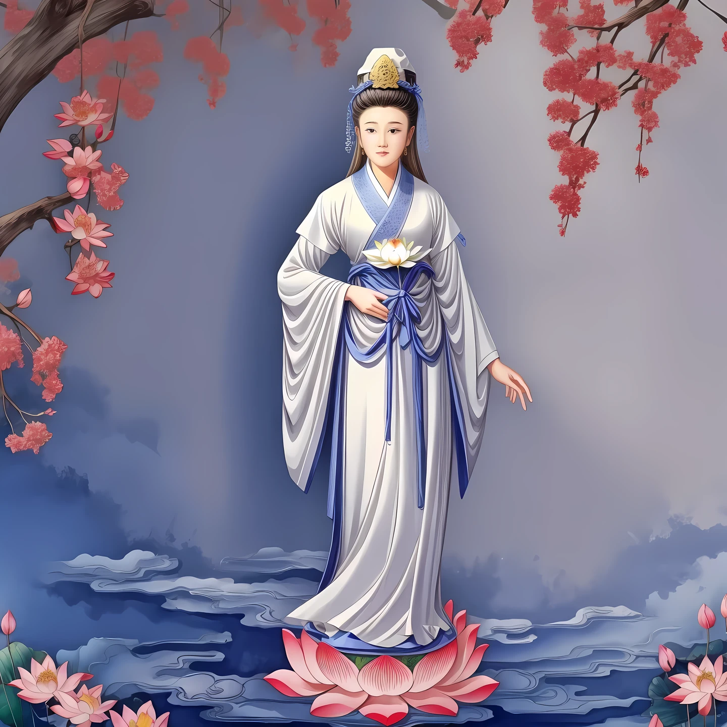 ((best quality)), ((masterpiece)),
((guanyin,1girl)),(lotus, flower),hanfu,dress,chinese clothes,(chinese text,  text focus,wall of text),