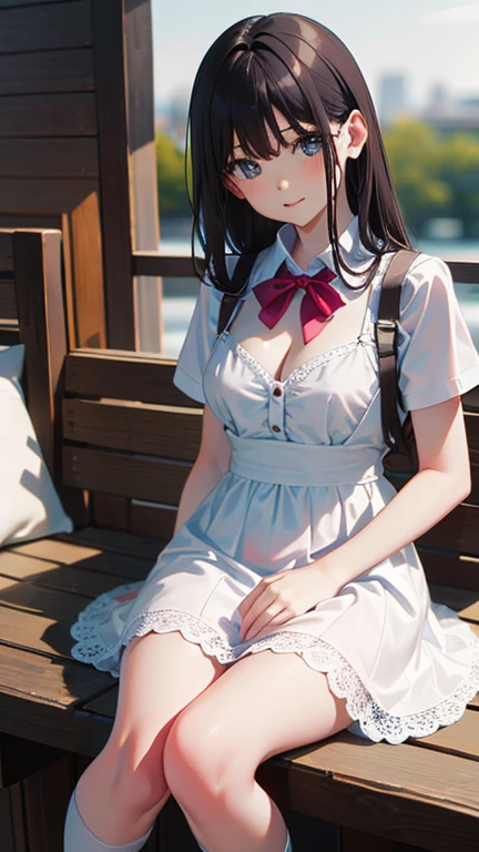 masterpiece, highest quality, One girl, View your viewers, Small waist, RAWphotograph,Hands intricately、Beautiful fingertips、 Ultra-realistic, High resolution, photograph, Sharp focus, Most detailed, Very detailed, Super detailed, In detail, Very detailed目と顔,Very detailed手と指、Idol、Thighs, beautiful girl,View your viewers, Small waist,Symmetrical face, whole body、White lace dress、White lace micro skirt、White lace knee socks、Cleavage、Large Breasts、Long Hair、Big red ribbon、はだけたThighs、Beautiful navel、美しいCleavage、The bouncing breasts、Lying on your back、evening、On the grass