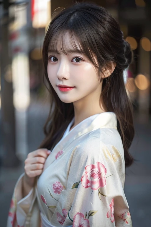 （Kimono）、randome pose、(top-quality,​masterpiece:1.3,超A high resolution,),(ultra-detailliert,Caustics),(Photorealsitic:1.4,RAW shooting,)Ultra-realistic capture,A highly detailed,High resolution 16K human skin closeup、 Skin texture is natural、、The skin looks healthy with an even tone、 Use natural light and color,1 girl,japanes,33yo,kawaii,A dark-haired,Middle hair,,smil,,(depth of fields、chromatic abberation、、Wide range of lighting、Natural Shading、)、