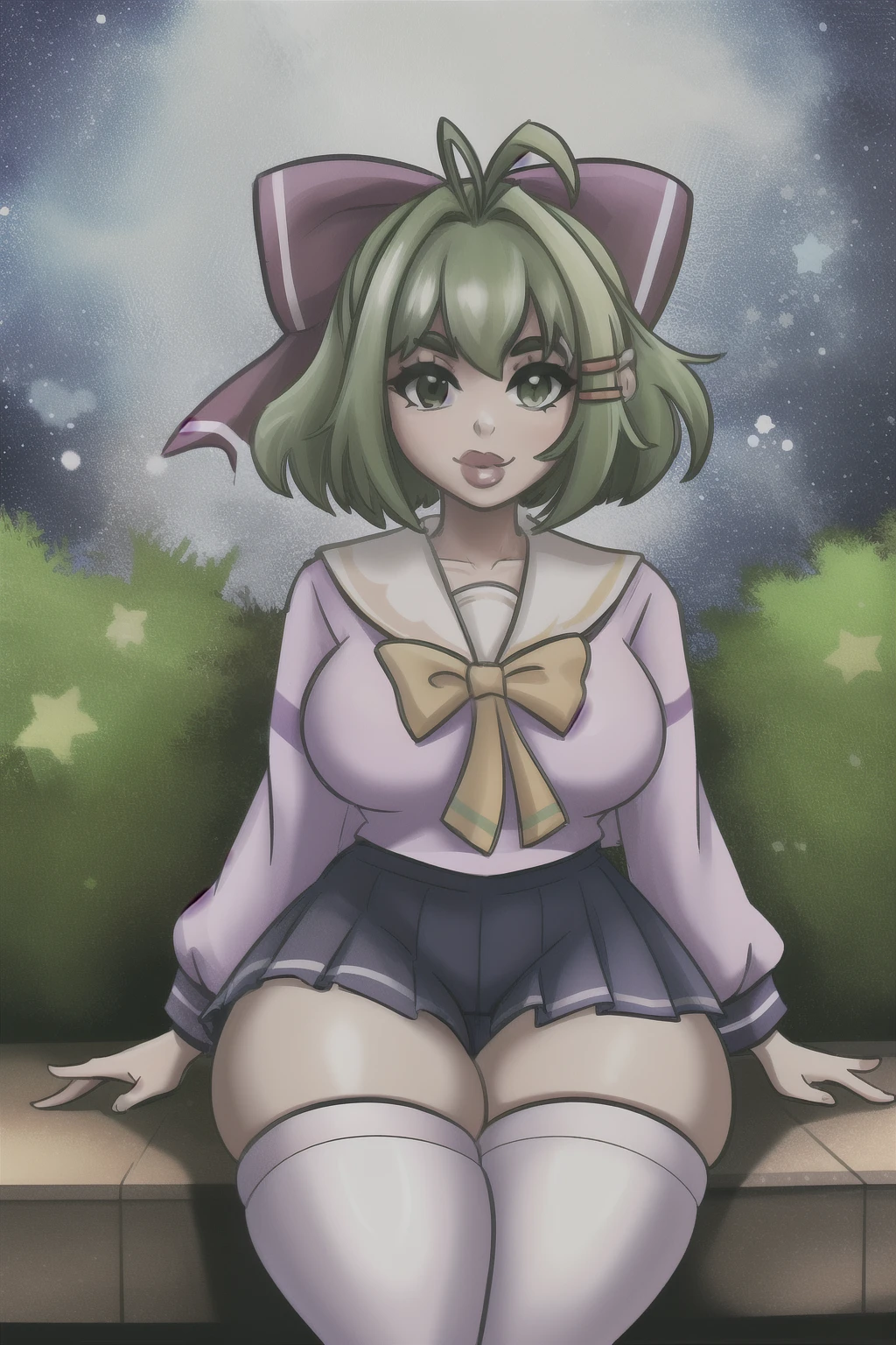 masterpiece, best quality, The Devil Deal, 1 Girl, Solitary, Short hair on thighs, Colorful hair, Lips, cosmetic, Camel toe, thick thigh, Lipstick, Wide hips, Green short hair，Green Eyes，Hair bow，Hairpin，Purple and sailor collar，Striped sailor suit，Blue pleated skirt，White socks，leather shoes，Antenna Hair，Doudou Eyebrows，Hair rope