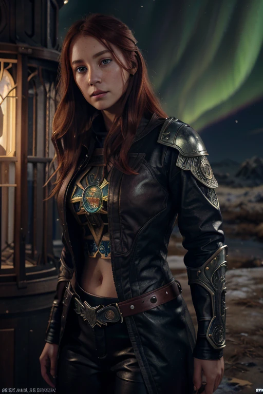 16 year old redhead female druid, blue eyes with an aurora borealis, ultra realistic, concept art, intricate details, mysterious, highly detailed, photorealistic, octane rendering, 8k, unreal engine. art by artgerm and greg rutkowski and charlie bowater and magali villeneuve and alphonse mucha