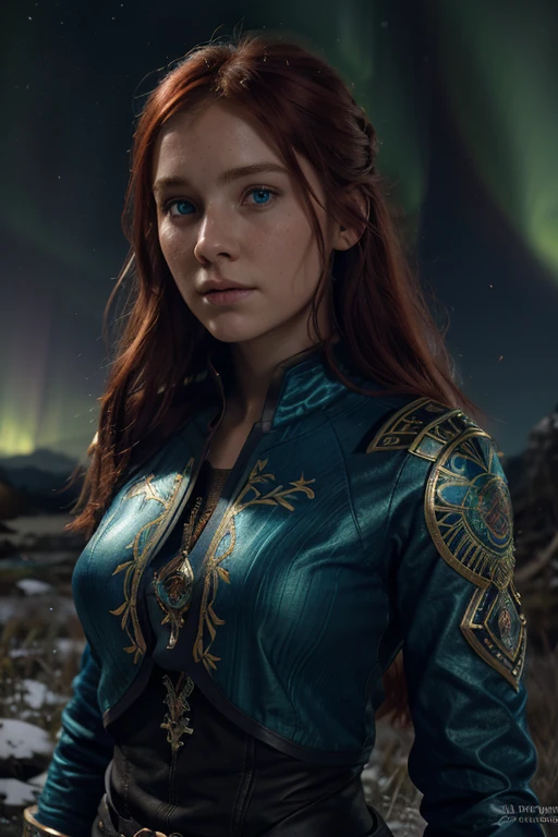 16 year old redhead female druid, blue eyes with an aurora borealis, ultra realistic, concept art, intricate details, mysterious, highly detailed, photorealistic, octane rendering, 8k, unreal engine. art by artgerm and greg rutkowski and charlie bowater and magali villeneuve and alphonse mucha