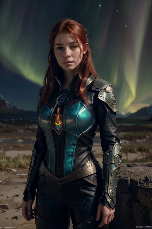16 year old redhead female druid, blue eyes with an aurora borealis, ultra realistic, concept art, intricate details, mysterious, highly detailed, photorealistic, octane rendering, 8k, unreal engine. art by artgerm and greg rutkowski and charlie bowater and magali villeneuve and alphonse mucha