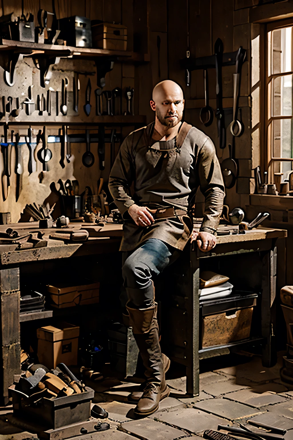 Fullbody view of bald medieval fantasy blacksmith sitting near workbench in workshop filled with tools