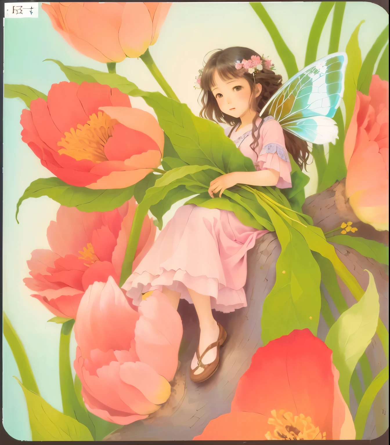Painting sitting on a branch with flowers, Portrait of a fairy, Portrait of a fairy, study of a flower fairy, author:Takamoto Iwao, author:miwa komatsu, author:Fuyuko Matsui, author:Hiroshi Yamagata, Anne Steiger Gerard, Full color illustrations