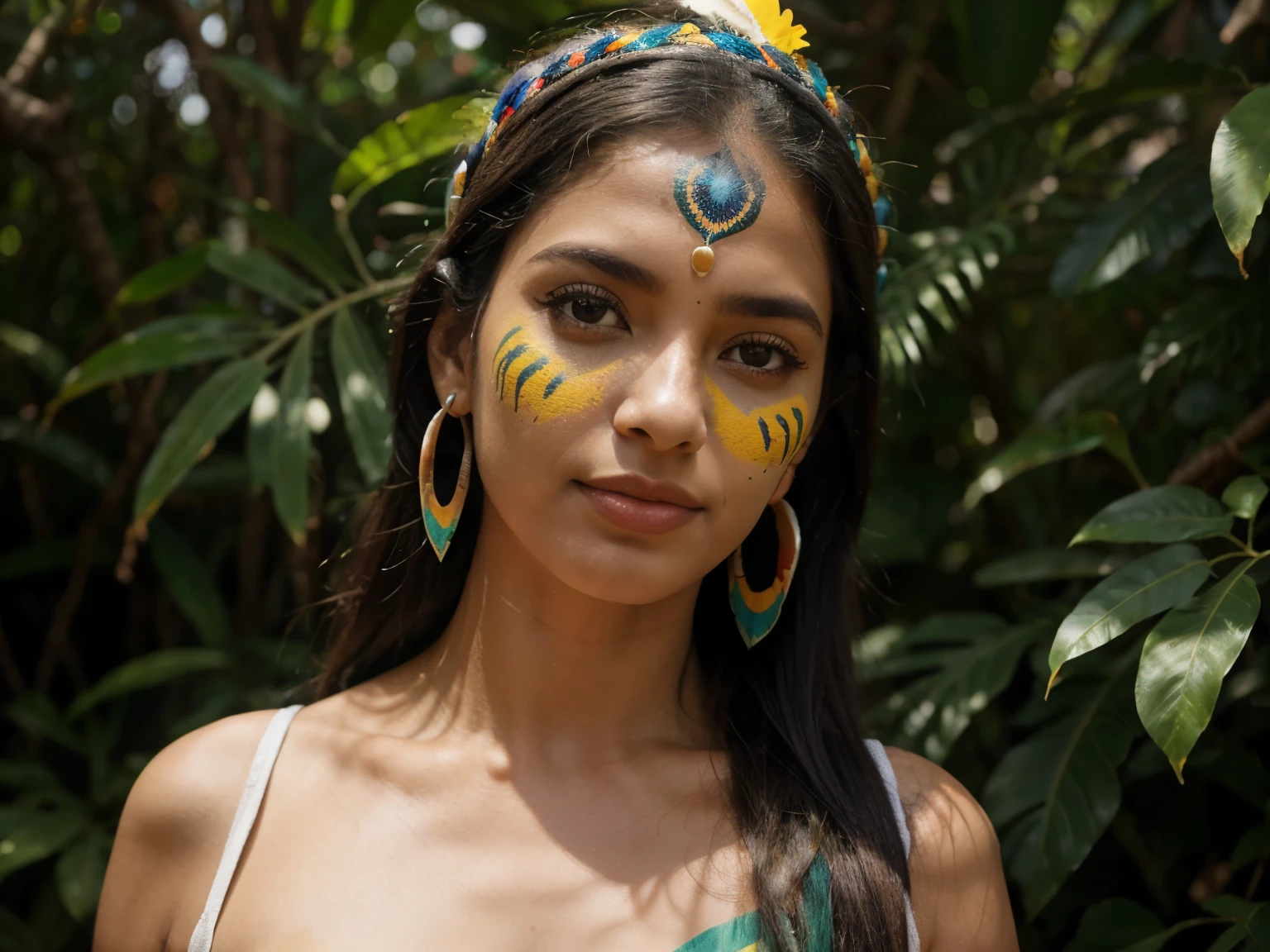 Crie para mim, a panel for an açaí store. The central theme Health and Nature. Photo of an Indian woman with focus on her face, Amazon India, brasileira, rosto arredondado, sorriso discreto, She wears a colorful headdress on her head, face painted with indigenous paintings, ela usa brincos e colares, olhando para o horizonte, cercada de imagens de tucano, jaguar and macaw. Ao fundo a floresta, with several leaves and also surrounding forest, verde, Amazon. Acai fruits, imegem realista, foto realista