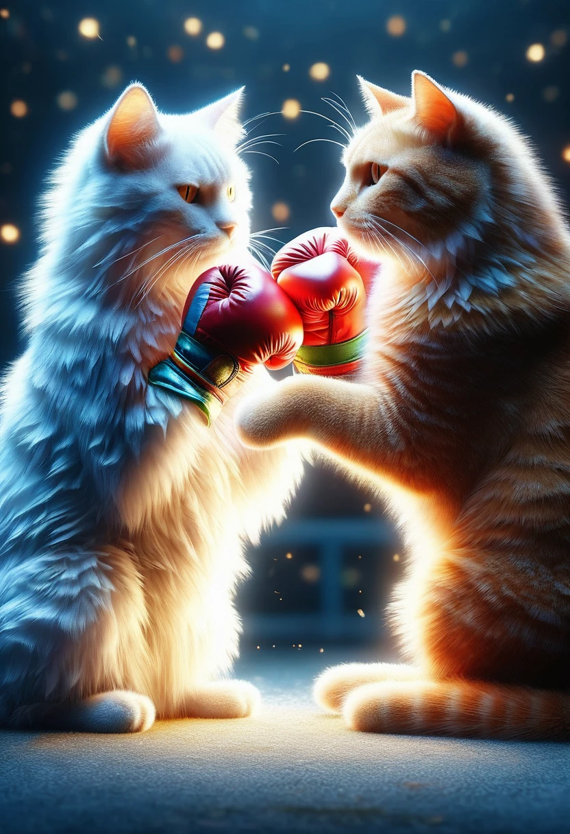 ((a dog and a cat boxing with boxing gloves face to face:1.5)), high resolution, hyperrealism, masterpiece, HD, 8k, detailed fur, intense expressions, dynamic action, vibrant colors, spectacular lighting, realistic environment, exquisite texture, attention to fine details