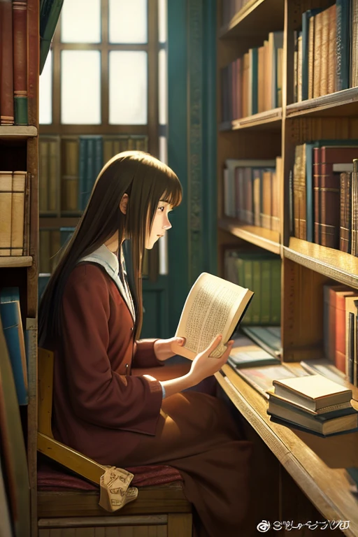 2D illustration by Yoshitaka Amano: In a corner of a prestigious library、A Russian girl in her early twenties quietly engrossed in reading an old book.