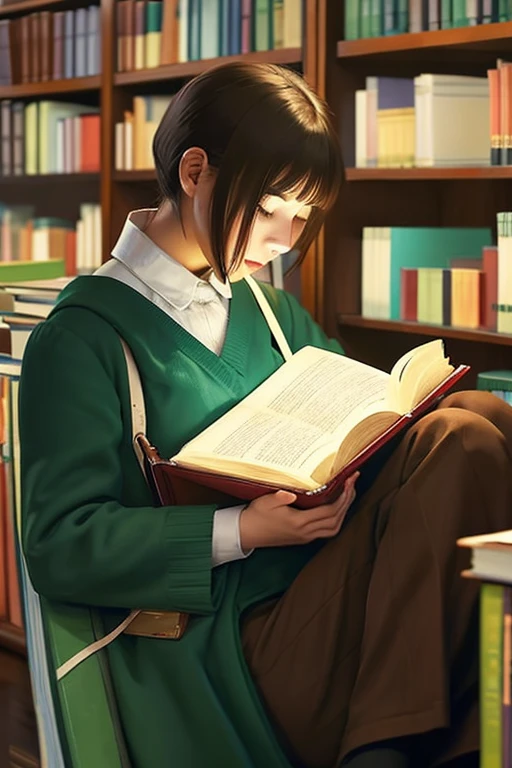 2D illustration by Yoshitaka Amano: In a corner of a prestigious library、A Russian girl in her early twenties quietly engrossed in reading an old book.