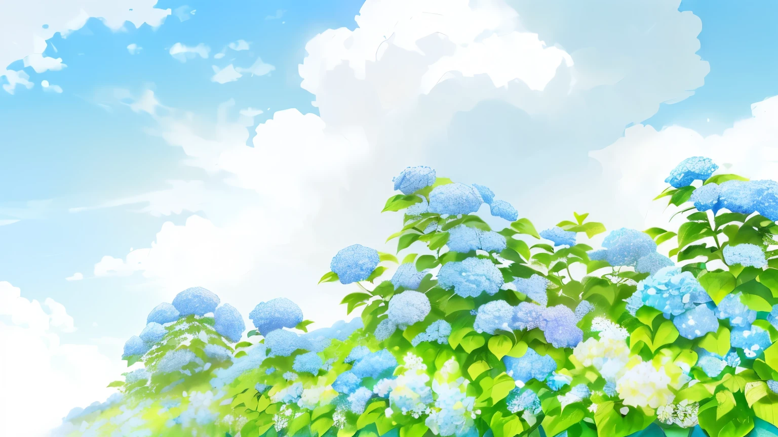 there is a blue hydrant with green leaves and a blue sky, deity of hydrangeas, hydrangea, by Asai Chū, blue flower field, flower background, beautiful high resolution, blue sky, blue flowers bloomed all over, by Tomioka Tessai, field of flowers background, by Shunbaisai Hokuei, there is blue sky