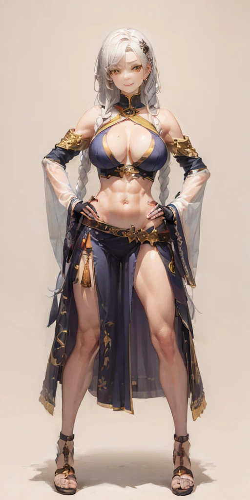 (((Plain background 1:2))) (masterpiece, high quality: 1.1) 1girl full body standing, hairstyle with a braid, white colored hair, yellow eyes, perfect lighting, muscular, thighs, mature woman, mummy, bellybutton, abs, looks at the viewer smile RED CHEEKS, extremely huge breasts, maternal, porcelain skin, extra very long hair, sparkly skin, good face, chest cover, HANDS ON HIPS