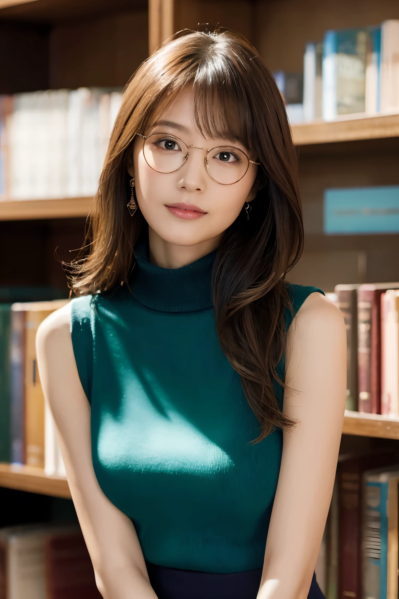 A woman in a green top and glasses sitting in front of a book shelf ...