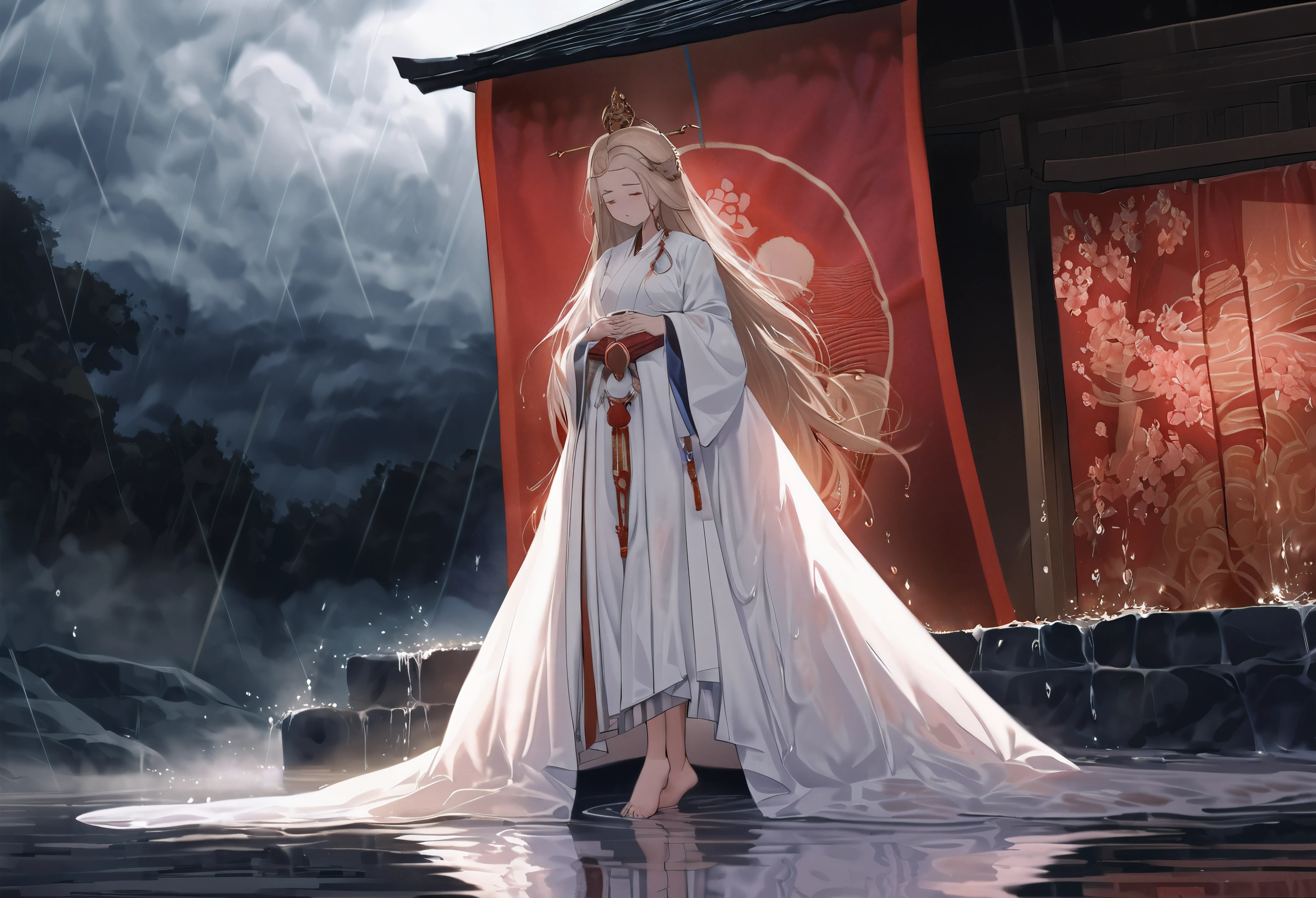 (Dramatic angle), (A very young little girl wearing the sacred attire of a shrine witch performs an ancient divine dance on a cliff near the shrine, and her presence is a resistance to the storm), (wet, wet body, wet hair, wet skin, very wet dress, reflection on the wet dress, delicate blossom embroidery, subtle water droplets:1.15), (water spray:1.1), (best dress wrinkle, Transparent mucus wrapping:1.1), best clothes wrinkle, The scene before us is both fascinating and surreal. Her clothing proves purity and tradition, seemingly transcending the chaos of storms. The white kimono was already soaked and tightly pressed against her body, its fabric becoming almost translucent in the flood, revealing her indomitable spirit inside. Her hakama, a magnificent red tapestry, is now darkened by the weight of rain, accompanied by every elegant step, every wrinkle and crease silently witnessing the solemnity of the night. Despite being affected by the harsh weather, her bare feet still gracefully dance, both unforgettable and beautiful, leaving devout patterns on the damp stones with every subtle movement. Her hair hung down casually and provocatively from behind, occasionally sticking to her cheeks and forehead, giving her an extraordinary and refined temperament. The golden hairpin above her head symbolize the character she admires, shining in the lightning. Their presence silently declares the seriousness of her performance. The divine music dance she performed was a spectacle of dedication and elegance, with silent prayers becoming visible. Her every movement, from the gentle swing of her arms to the precise steps of her bare feet, weaves an invisible tapestry in the air, singing praises to the gods in the midst of the stormy noise.