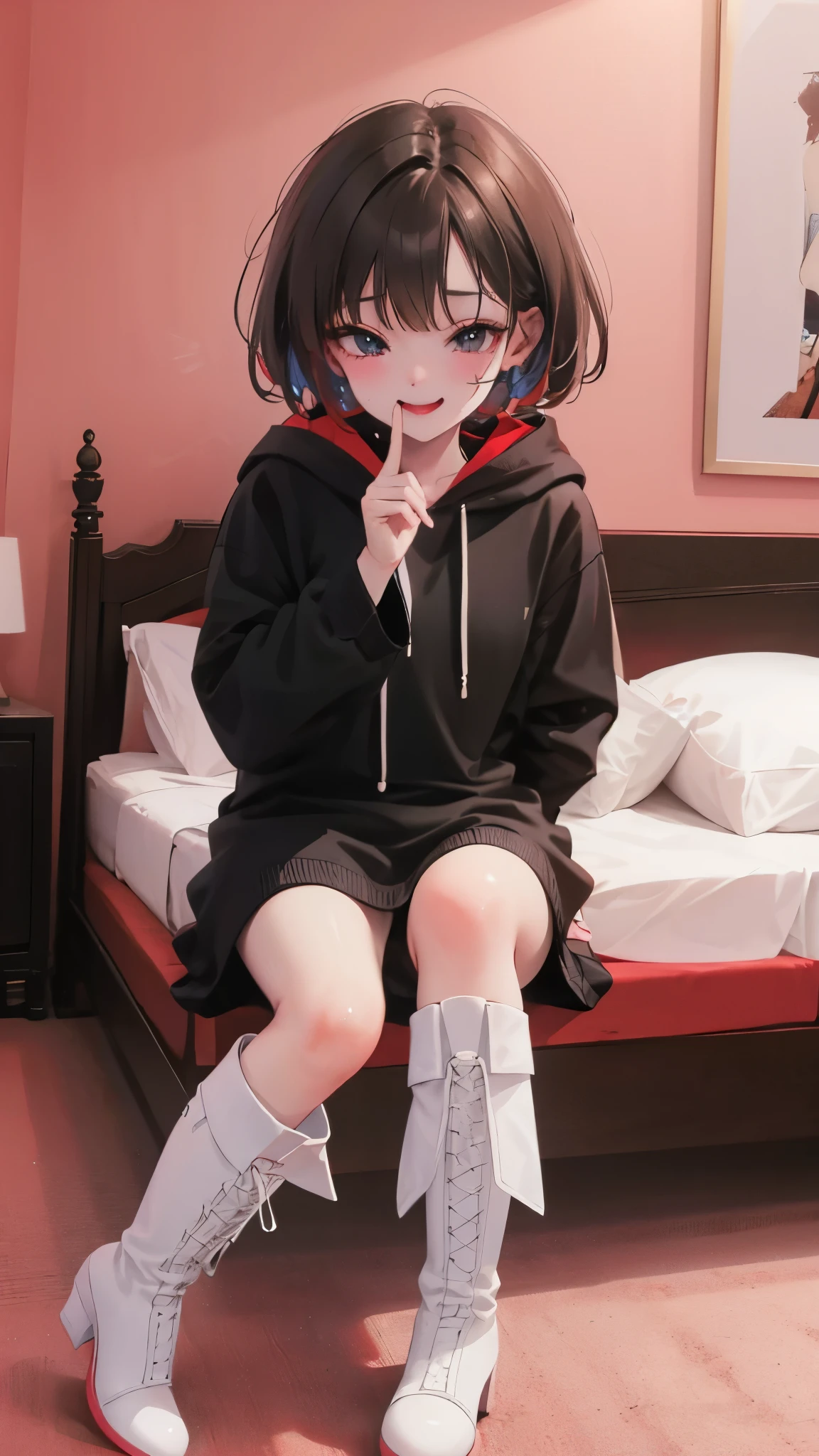 ultra-detailed , best quality, high resolution, master piece ,beautiful eyes, cute、((( naughty face   )))、lovehotel,((((sitting on a bed)))),
black and White hoodie、Red and black hoodie、White hoodie、((black platform boots))、perfect finger、(((boots focus))),the soles of the boots,red carpet,
Brown Hair、Black Hair、Black Hairロング、black eye,