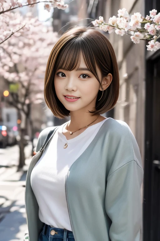 cherry blossoms:1.3, daytime, medium bob