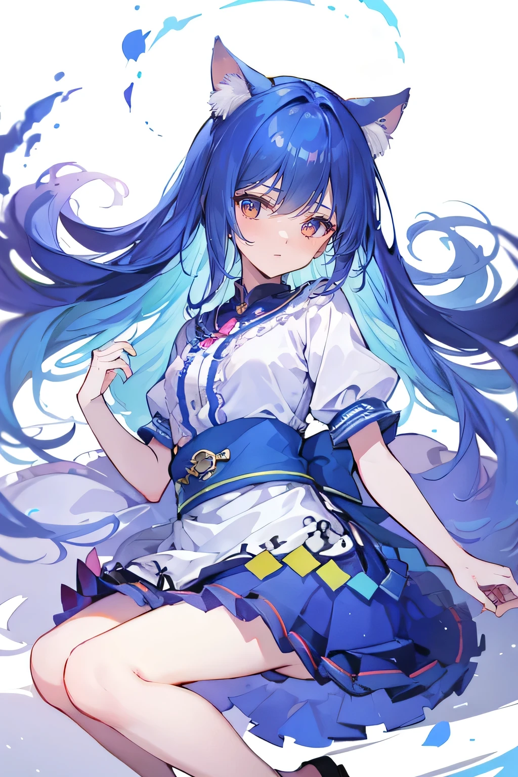 （masterpiece：1.2），Super detailed，lifelike，Expressive eyes，fair skin，perfect face shape，1 girl，
Japanese comics,Gorgeous blue hair,flowing blue hair,flowing clothes,Cat ears,Petals fall,beautiful lola,Baby Angel,
Shaking head with one hand，Lying gracefully on the ground，Cross your legs，Gentle and peaceful background，The pavilion is cool and comfortable,smile.