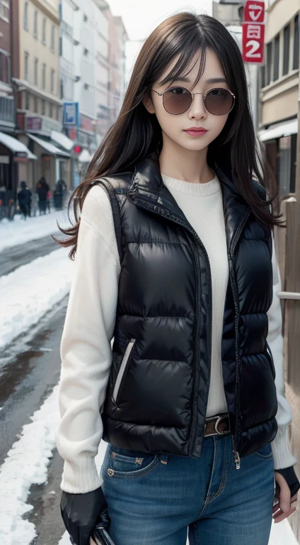 ((best quality)), (masterpiece), Reality, Photorealism, 一名女孩跪下并用突击步gun瞄准, Reality, high resolution,Snow background, Looking at the camera, (Delicate face), Black Hair, Vest, gun, jewelry,Black gloves, sunglasses on head, Fingers are covered