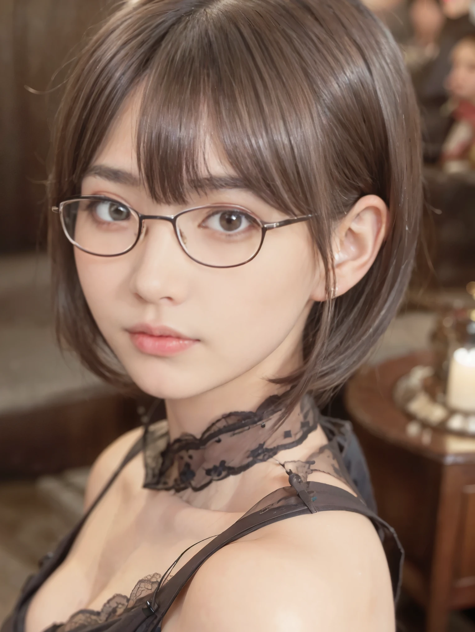 ((artwork、highest quality、Very detailed、High resolution、Realistic、Sharp focus、Cinema Lighting))、(1 girl)、one-shot, Not a failure、Beautiful Face、Realistic Face、(Black Hair、Boys Short Hair、Cut Style、cut out)、Beautiful hairstyle、Realistic eyes、Beautiful and beautiful eyes、Realistic Skin、Beautiful Skin、Capue Organized、charm、Golden Ratio、Glasses