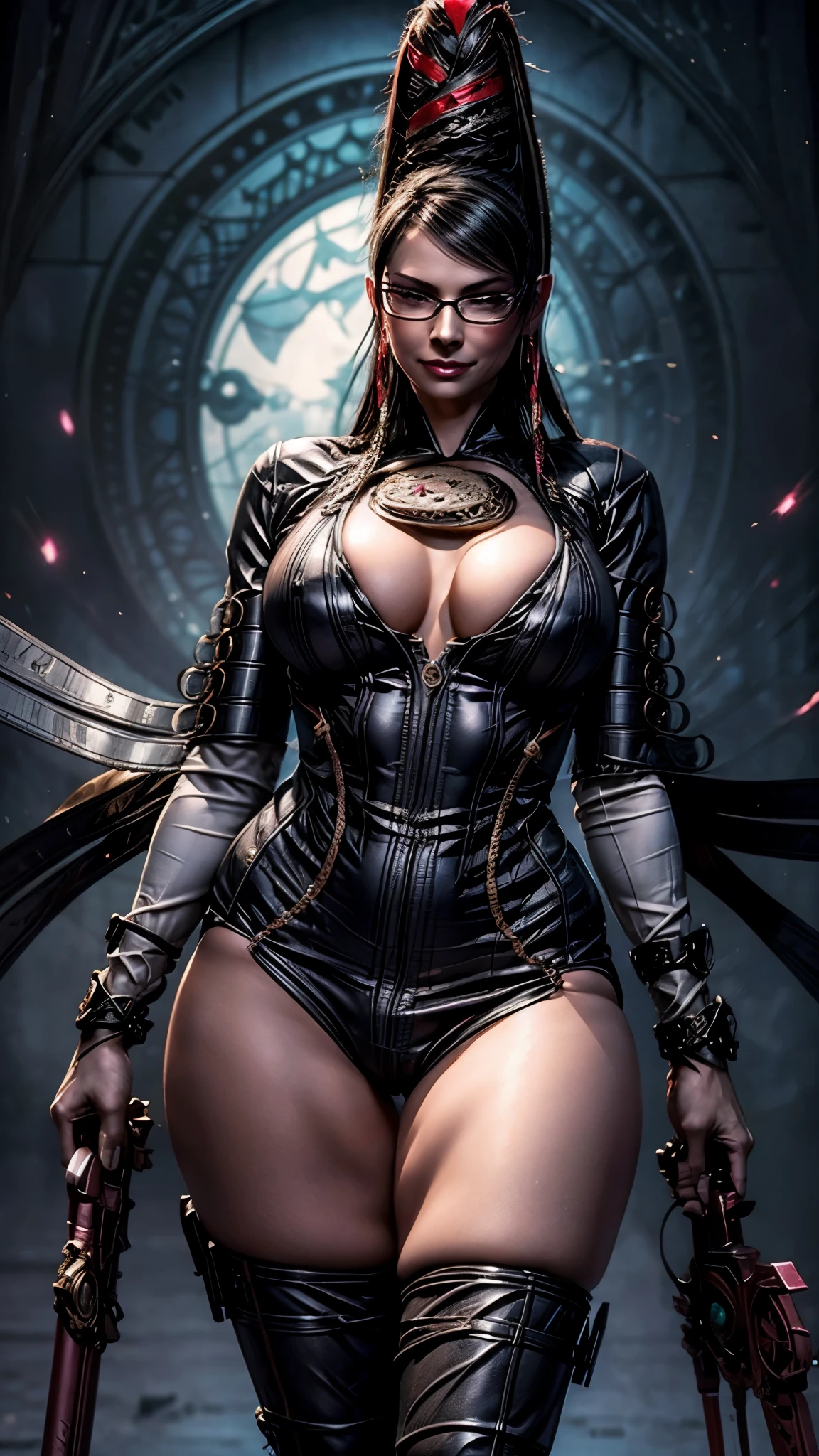 Eve wearing Bayonetta's costume, Stellar Blade, large breast, thick thighs, curvy body,1girl,solo,heavy makeup,cute,earrings,ring braid,(lewd smile:1.1),holding mechanical sword,ponytail,idol,hooker, Bayonetta's uniform,(battleground:1.1),