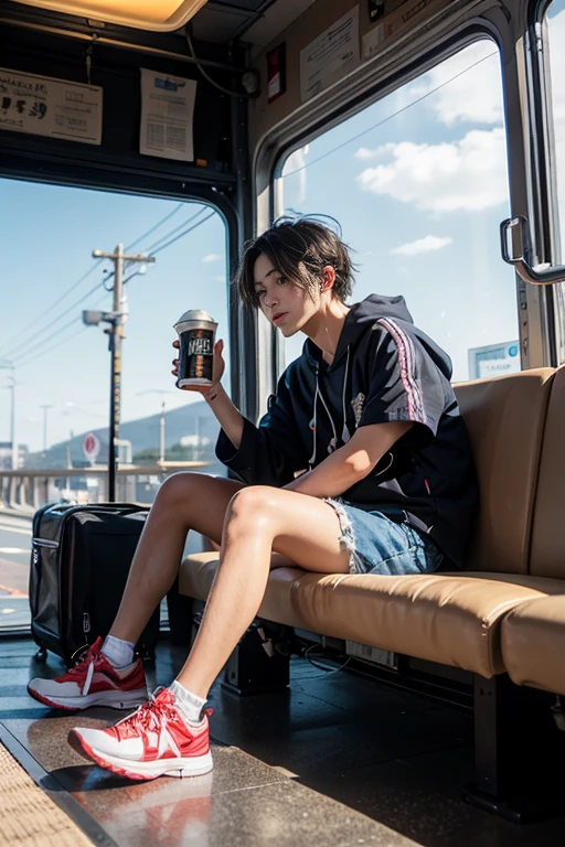 Earphones、Shorts、Canned coffee in one hand、Shinkansen Deck、30-year-old male